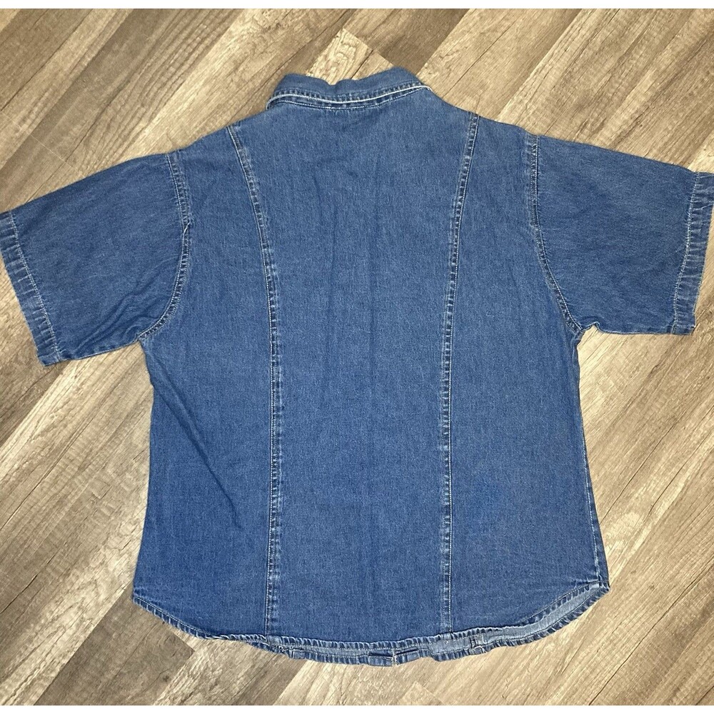 Y2K Blue Denim Shirt Women M Floral Embroidery Cotton Button Cottage Prairie VTG - Picture 5 of 7